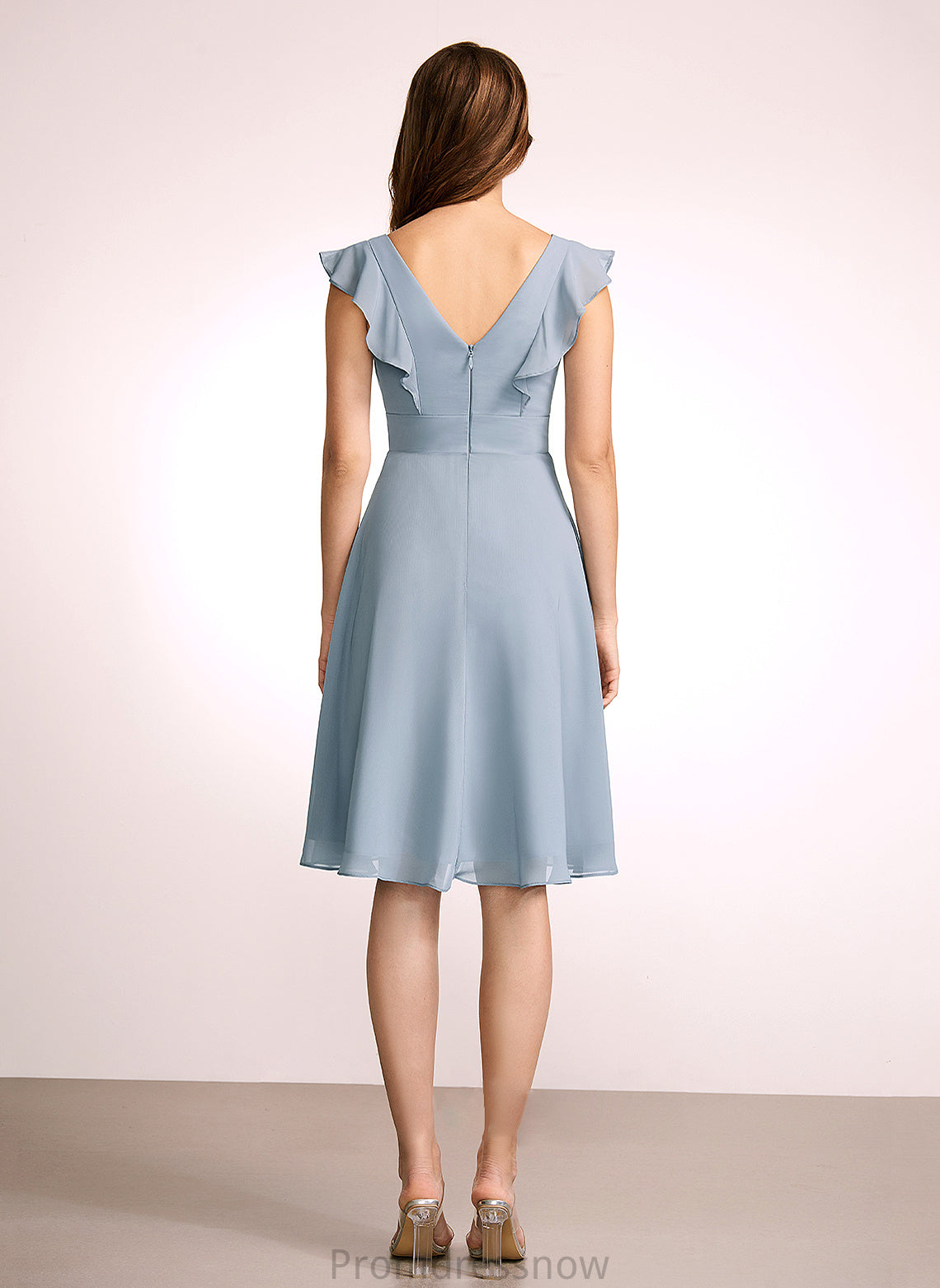 Length Neckline A-Line Knee-Length V-neck Embellishment Ruffle Silhouette Fabric Dominique V-Neck 3/4 Length Sleeve Bridesmaid Dresses