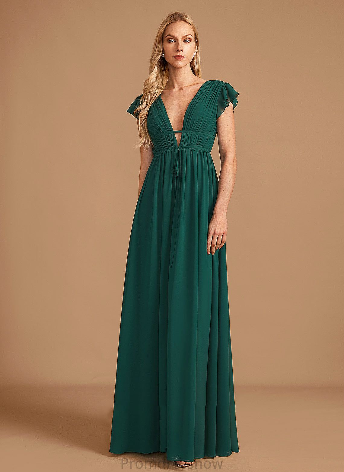 SplitFront A-Line Neckline Length V-neck Fabric Embellishment Floor-Length Silhouette Kinley Sleeveless Natural Waist Bridesmaid Dresses