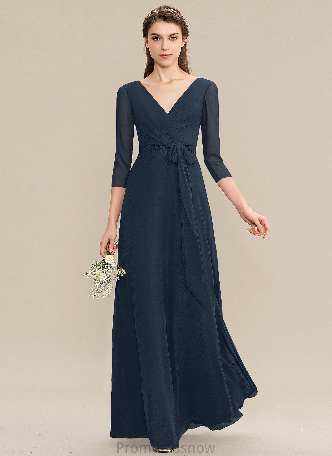 A-Line Length Ruffle Neckline Silhouette V-neck Bow(s) Fabric Embellishment Floor-Length Mattie Halter Bridesmaid Dresses