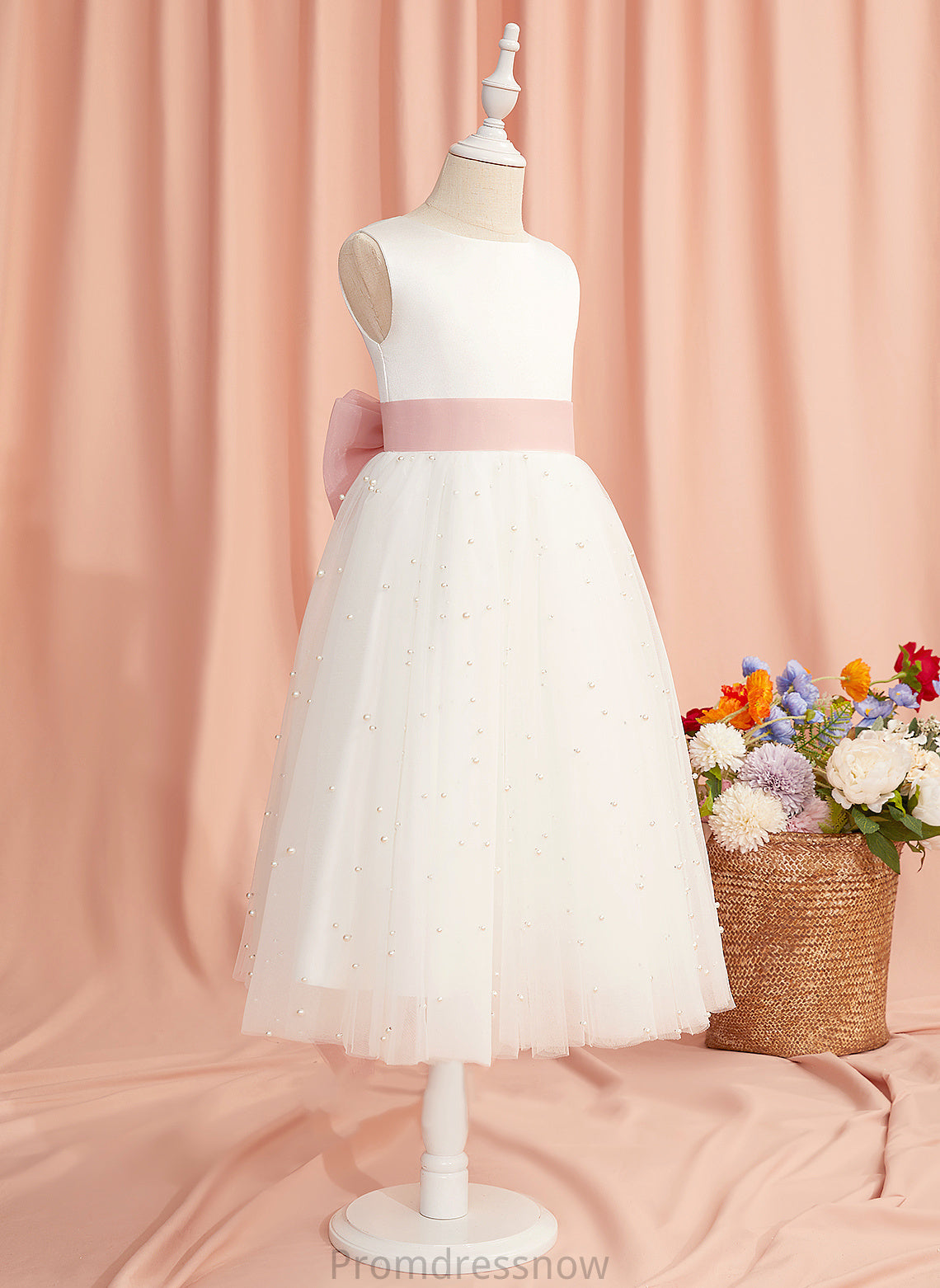 Sash/Bow(s)/V Satin/Tulle Anahi Neck Tea-length With Sleeveless Flower Girl Dresses Flower Back - Girl Dress A-Line Scoop