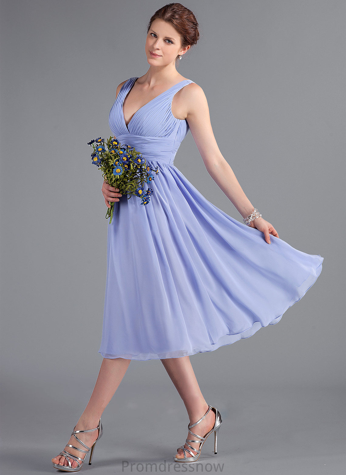 V-neck Neckline Ruffle Silhouette Tea-Length Fabric Embellishment A-Line Length Miriam Floor Length Natural Waist Bridesmaid Dresses