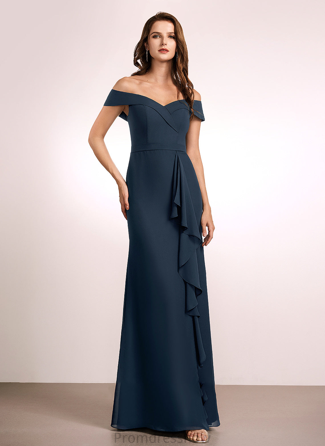 Off-the-Shoulder Ruffle Floor-Length A-Line Neckline Length Silhouette Embellishment Fabric Rylee A-Line/Princess Natural Waist Bridesmaid Dresses