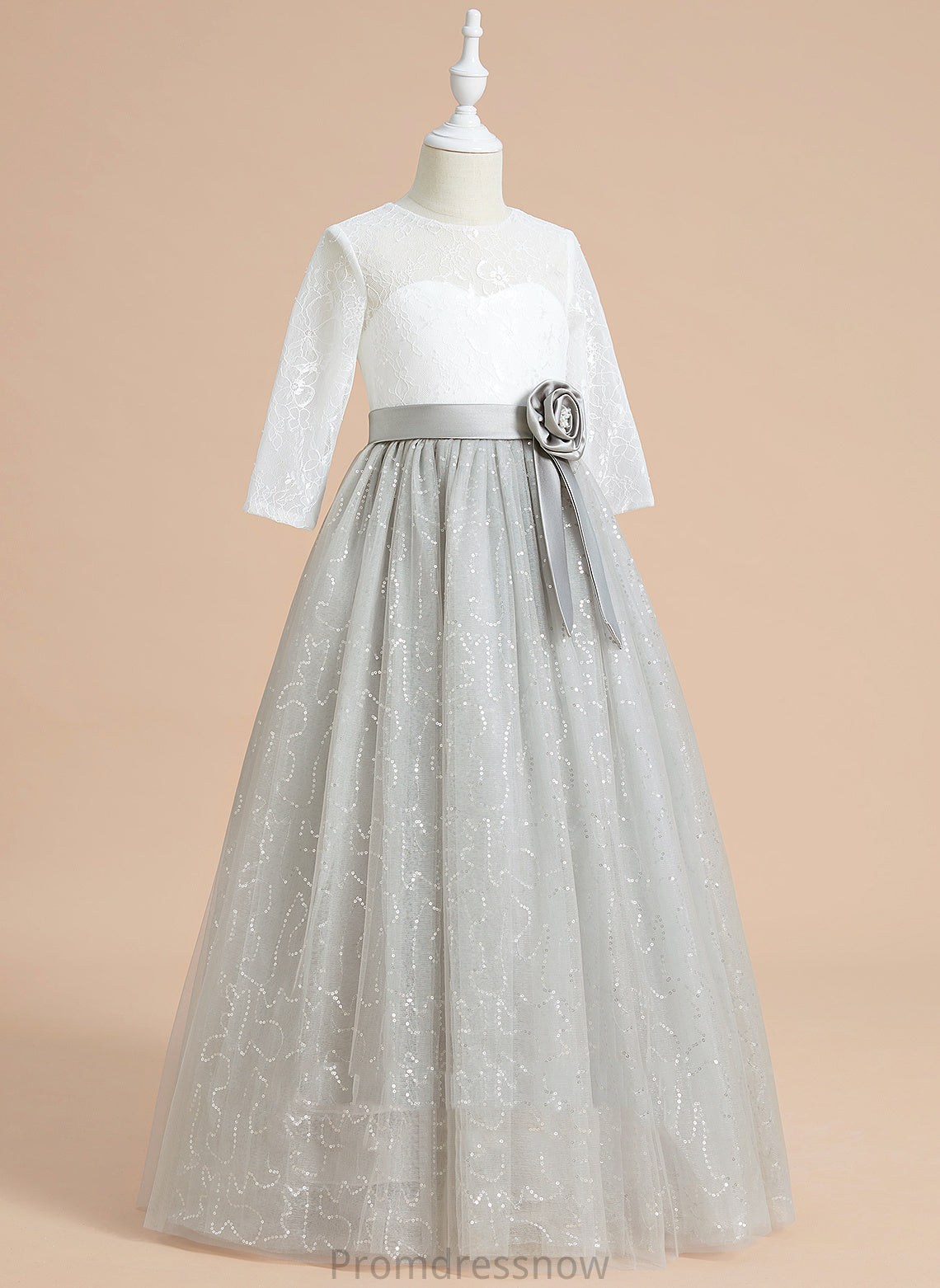 Flower Nathalie Ball-Gown/Princess With Flower Girl Dresses Sleeves Scoop Girl Neck 1/2 Tulle/Lace Flower(s)/Sequins Floor-length - Dress