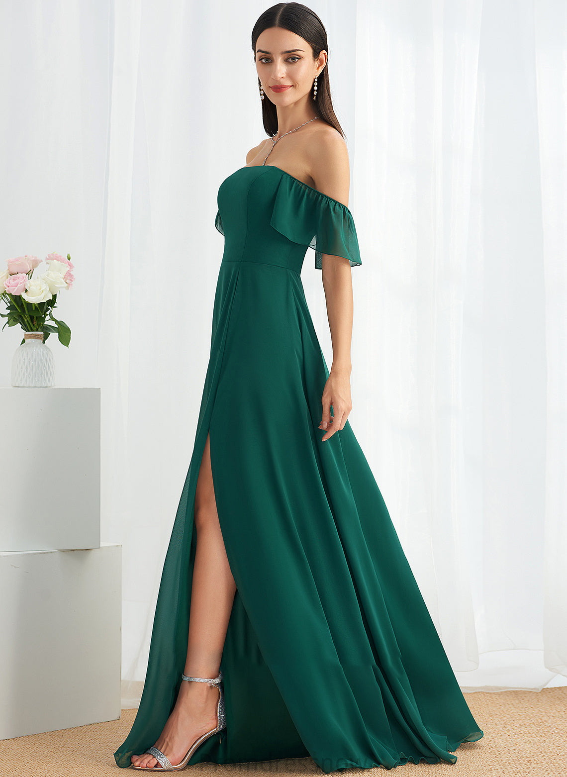 Floor-Length Neckline Length Off-the-Shoulder Embellishment SplitFront Silhouette Fabric A-Line Zaria Sleeveless Floor Length Bridesmaid Dresses