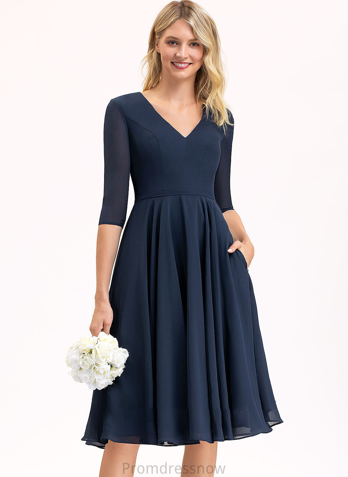 A-Line Knee-Length Fabric Neckline Silhouette Pockets V-neck Length Embellishment Eden V-Neck Floor Length Bridesmaid Dresses