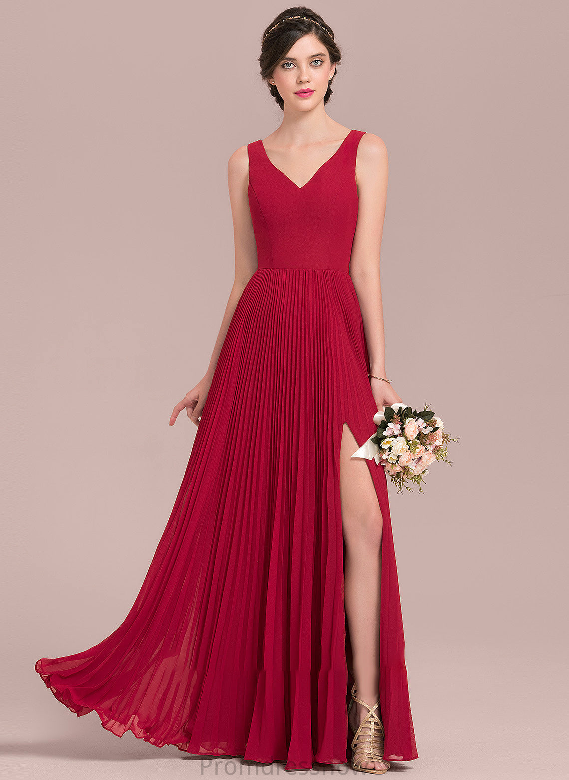 Length Neckline Fabric Silhouette SplitFront Embellishment A-Line V-neck Pleated Floor-Length Kay Natural Waist Bridesmaid Dresses