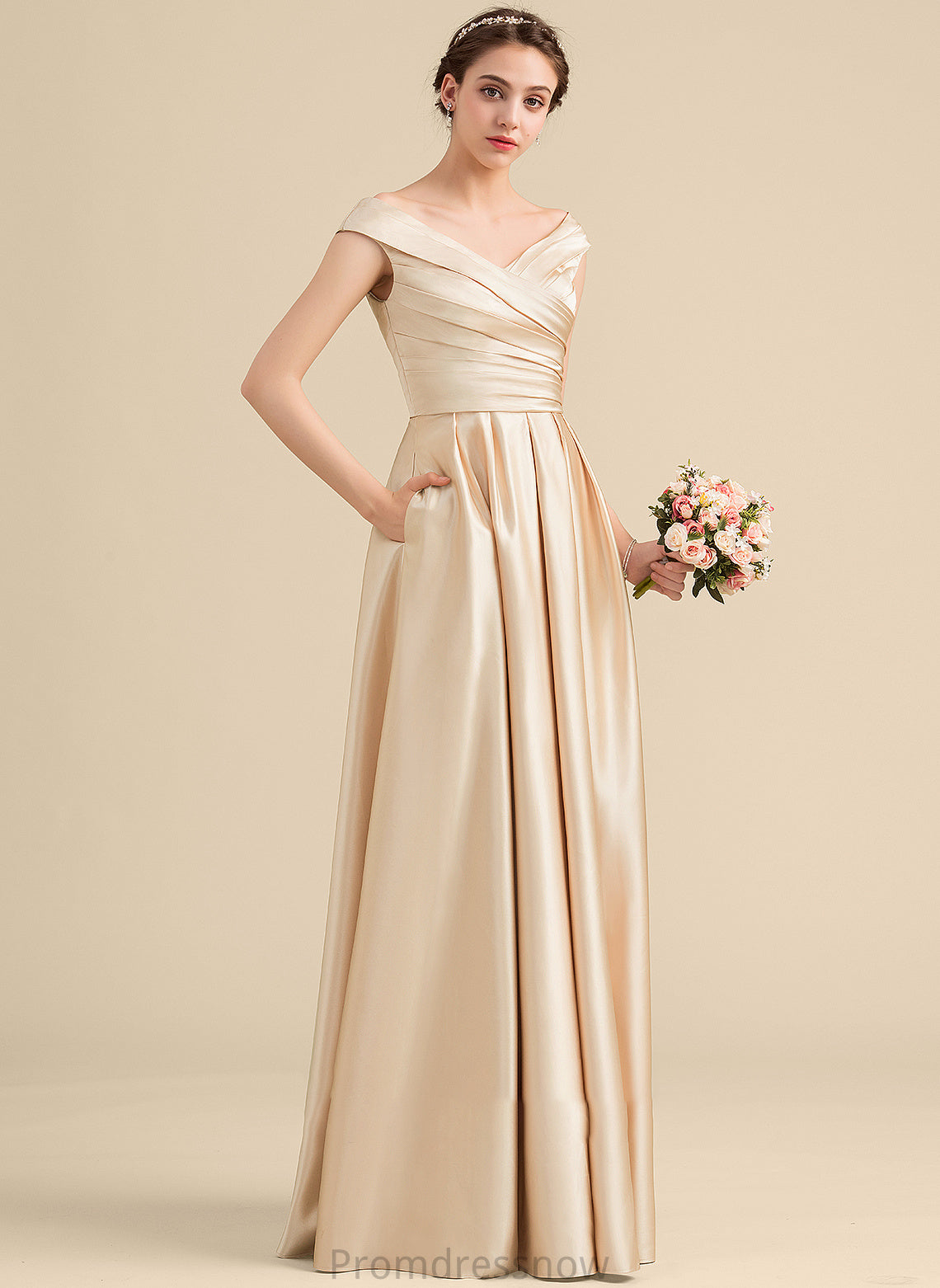 Floor-Length Silhouette Pockets Ruffle Length Neckline Fabric Off-the-Shoulder Embellishment A-Line Adrianna Scoop Bridesmaid Dresses