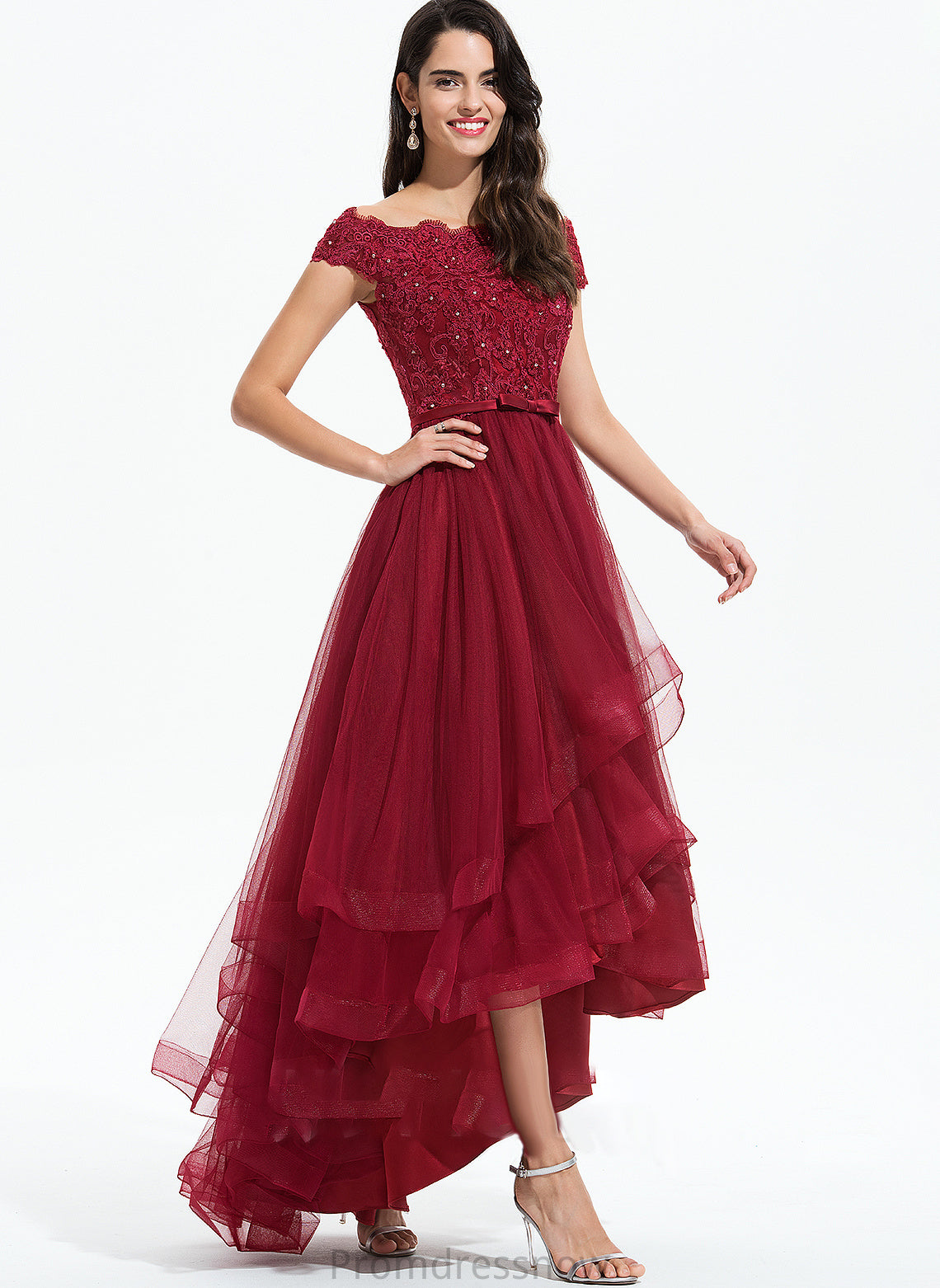 Asymmetrical Off-the-Shoulder Beading Length Tulle Fabric Neckline Bow(s) Lace Sleeve Embellishment Sequins Bridesmaid Dresses