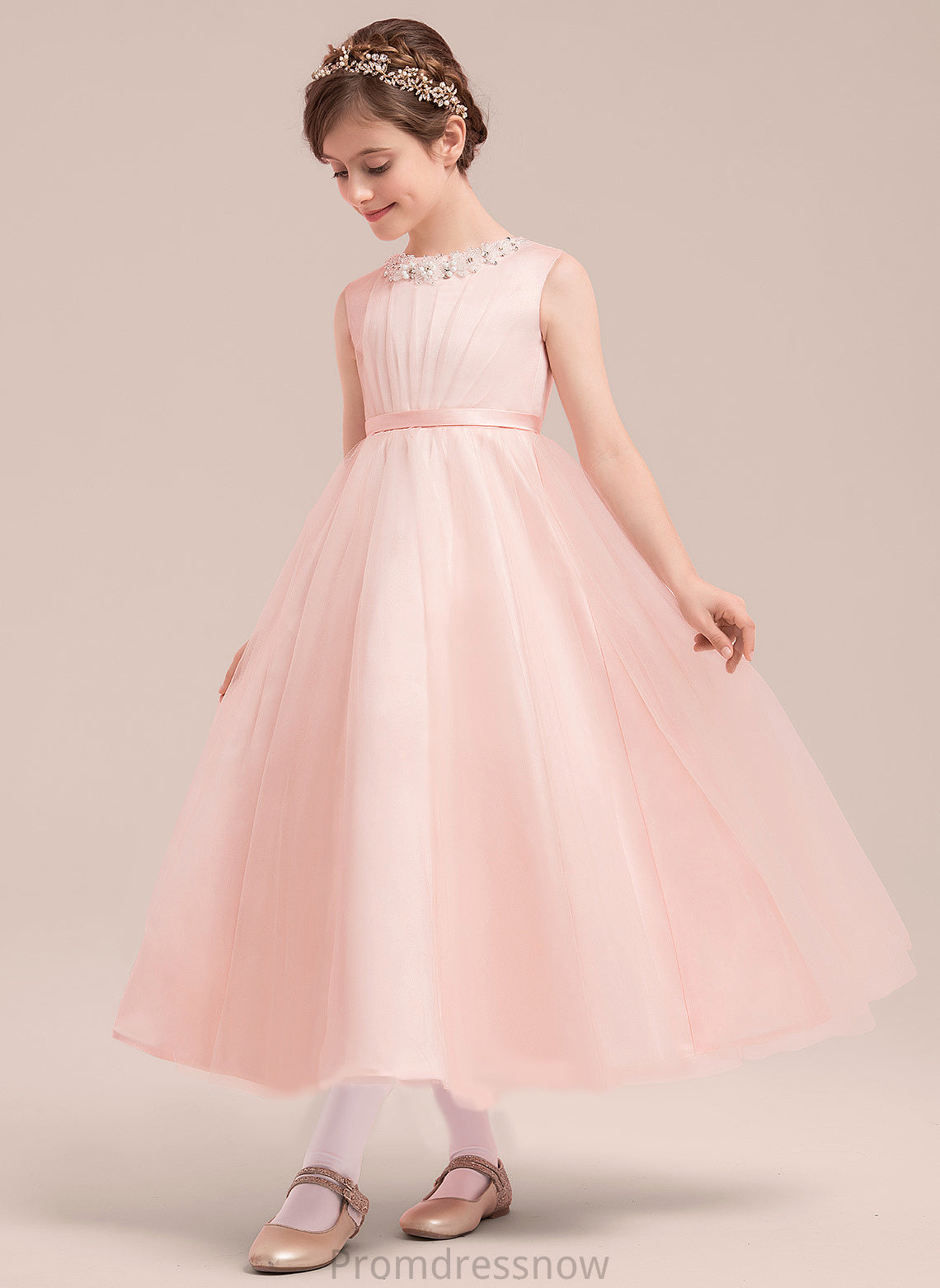 With Salome Girl Scoop Flower Girl Dresses A-Line/Princess Dress Beading/Bow(s) Sleeveless Satin/Tulle Flower - Neck Ankle-length