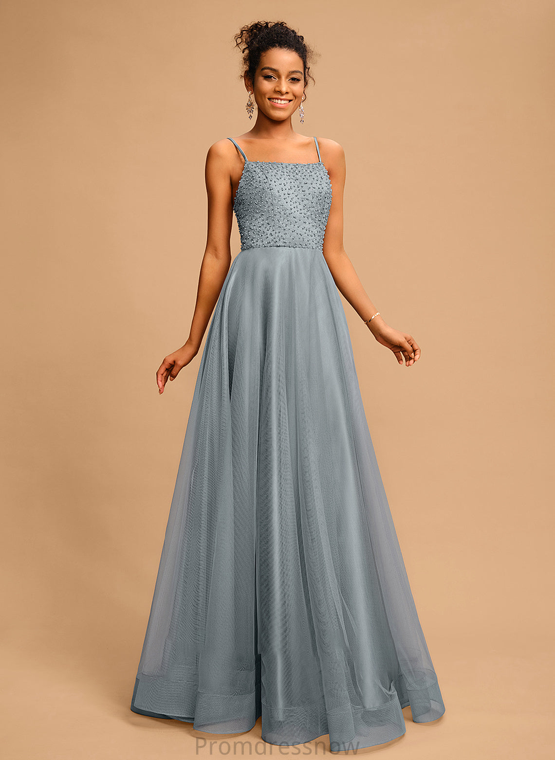 With Trinity Floor-Length Square Beading Ball-Gown/Princess Neckline Tulle Sequins Prom Dresses