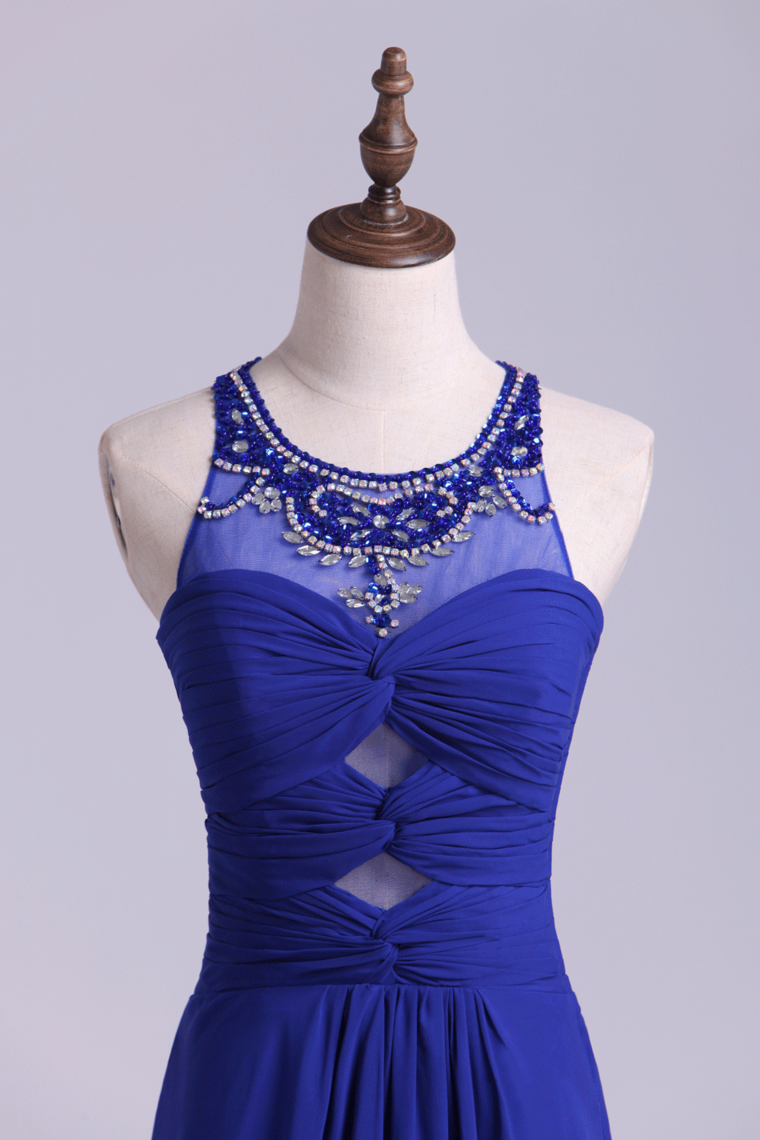 2024 Unique Dark Royal Blue Prom Dress Scoop A Line Chiffon With Beads&Ruffles