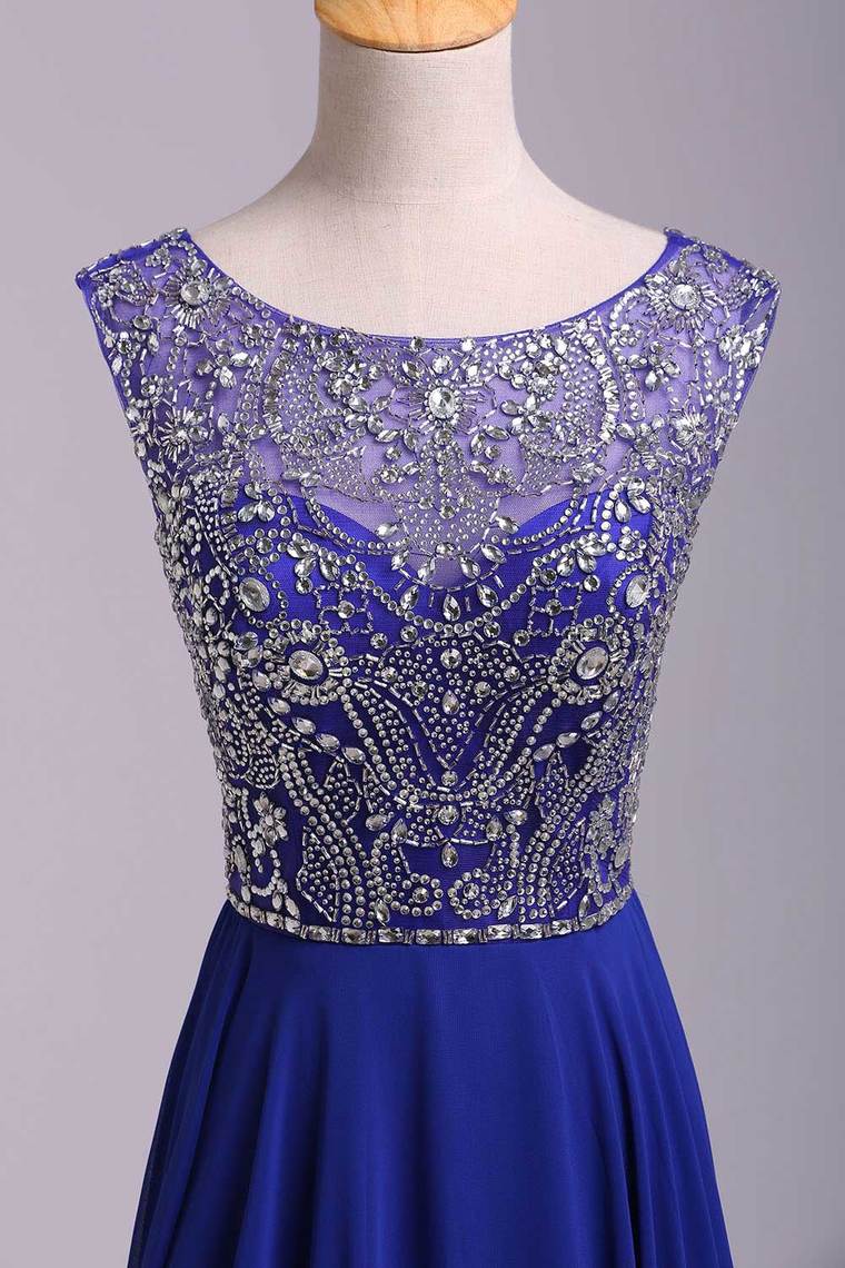 2024 Hot Selling Prom Dresses Dark Royal Blue A-Line Scoop Floor-Length Chiffon