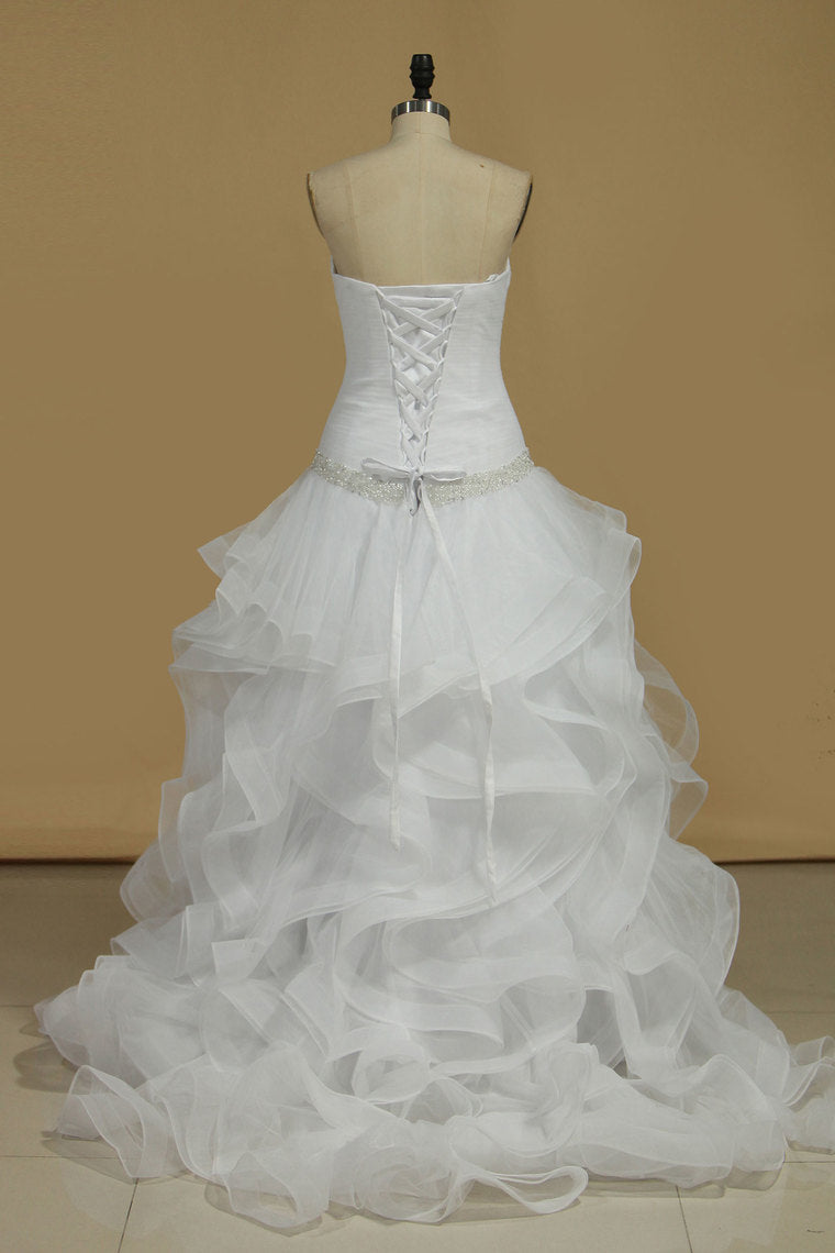 2024 Wedding Dresses A Line Scalloped Neck Tulle With Ruffles And Beads