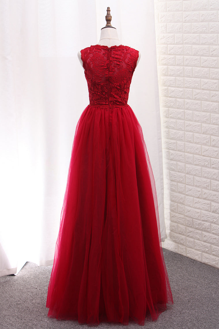 2024 A Line Bridesmaid Dresses Scoop Tulle With Applique Floor Length