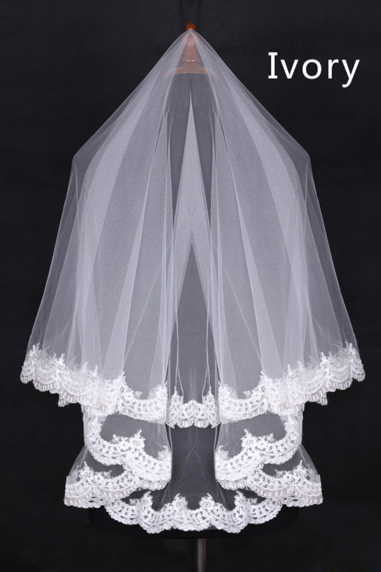 Two-Tier Finger-Tip Length Bridal Veils With Applique