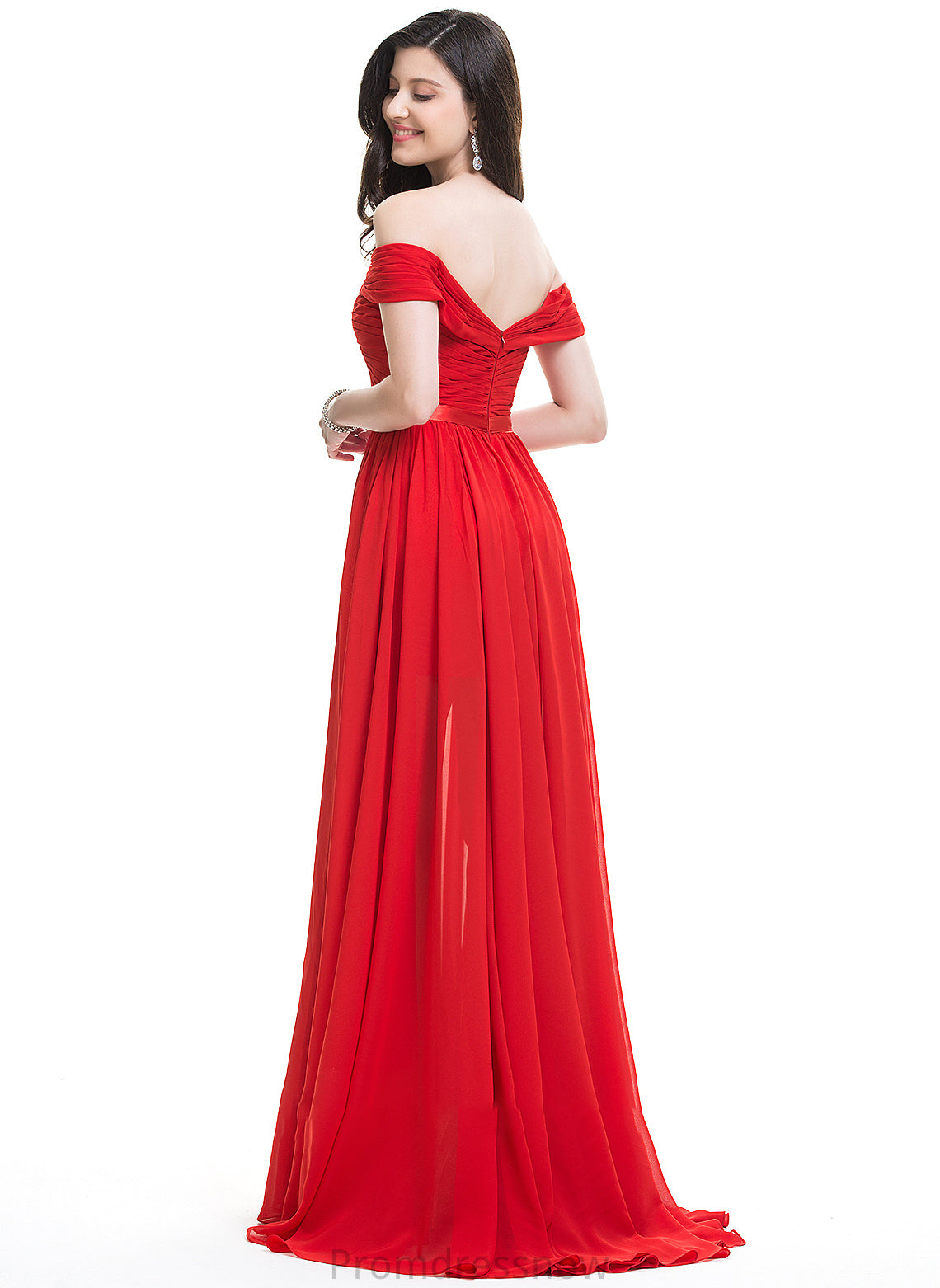 Silhouette SplitFront Fabric Embellishment Length Ruffle Neckline SweepTrain Off-the-Shoulder A-Line Summer Floor Length Bridesmaid Dresses