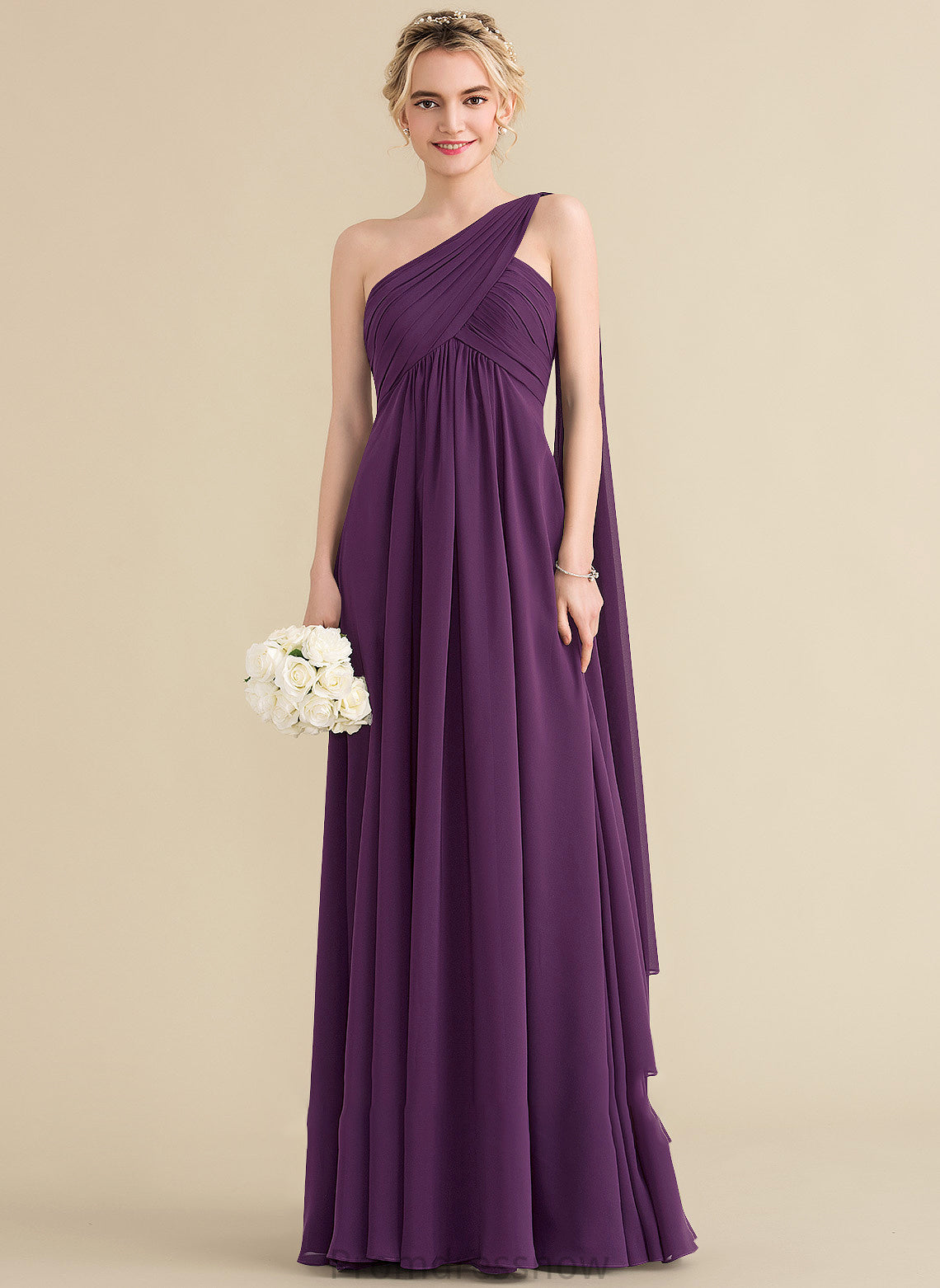 Silhouette Floor-Length Fabric One-Shoulder Length A-Line Neckline Ruffle Embellishment Alena Sleeveless Spaghetti Staps Bridesmaid Dresses