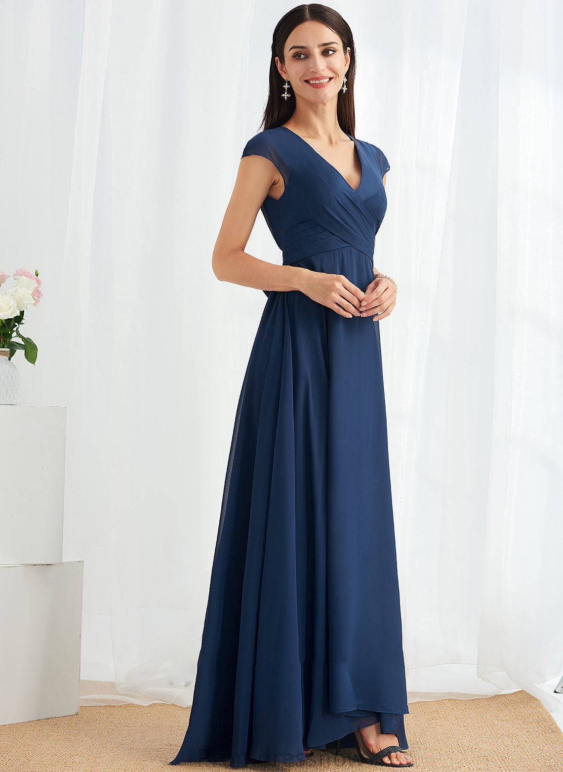 Floor-Length Neckline Embellishment Ruffle Fabric V-neck Silhouette Length A-Line Genesis V-Neck Natural Waist Bridesmaid Dresses