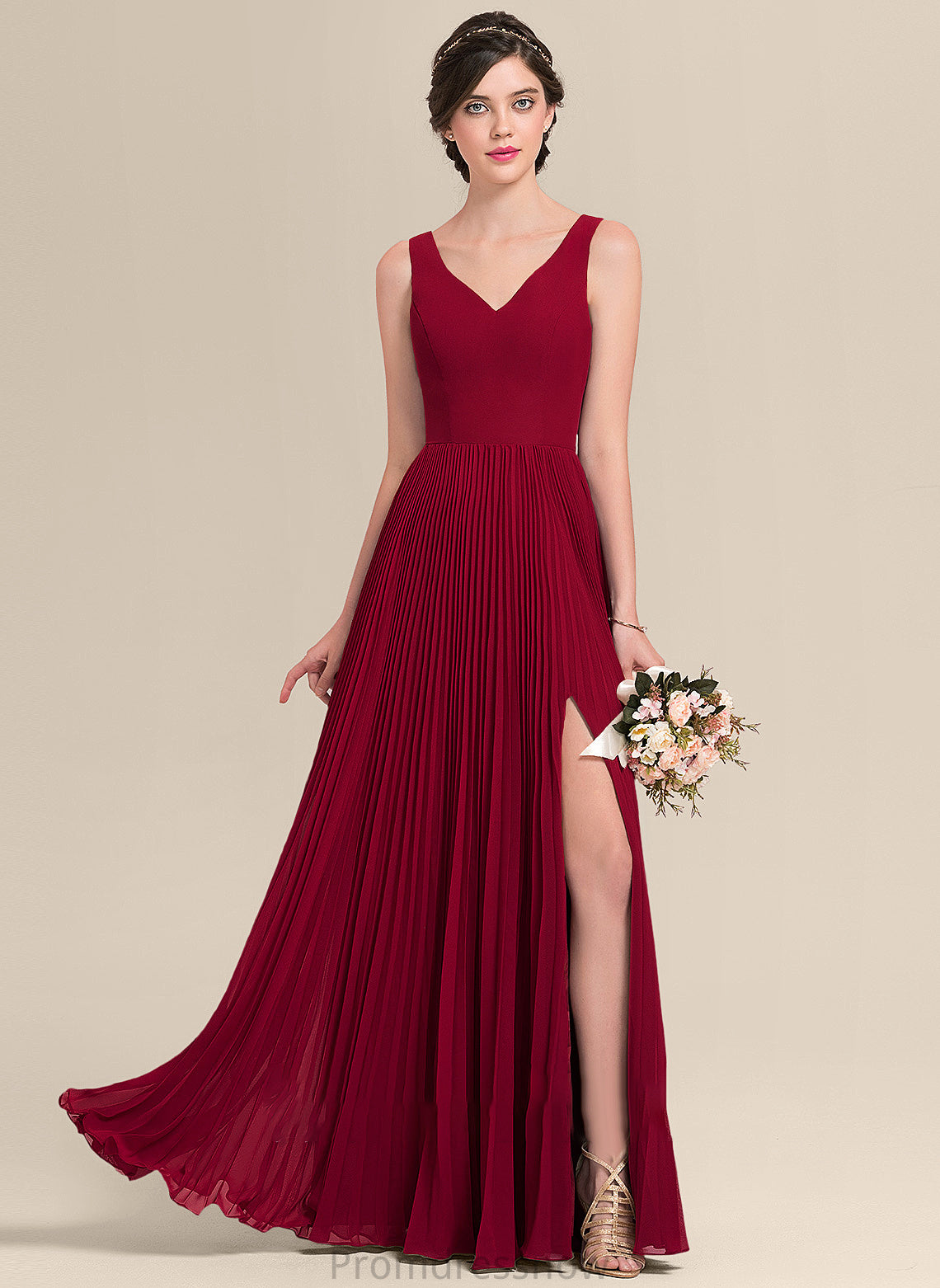 Length Neckline Fabric Silhouette SplitFront Embellishment A-Line V-neck Pleated Floor-Length Kay Natural Waist Bridesmaid Dresses