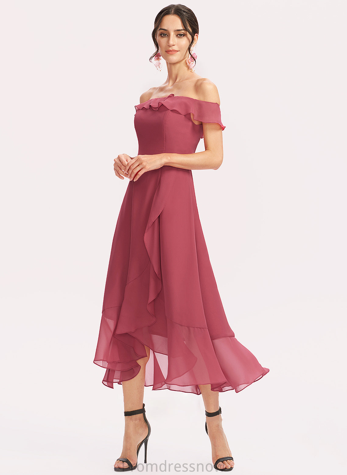 Off-the-Shoulder Fabric Tea-Length A-Line Length CascadingRuffles Neckline Embellishment Silhouette Yasmin A-Line/Princess Natural Waist Bridesmaid Dresses