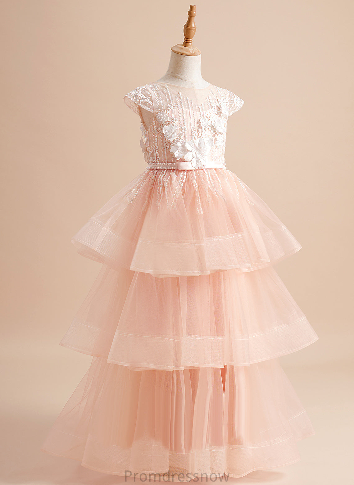 Short Ball-Gown/Princess Floor-length With Beading/Flower(s)/Bow(s) Scoop Sariah Tulle Sleeves Girl Dress Flower Girl Dresses - Flower Neck