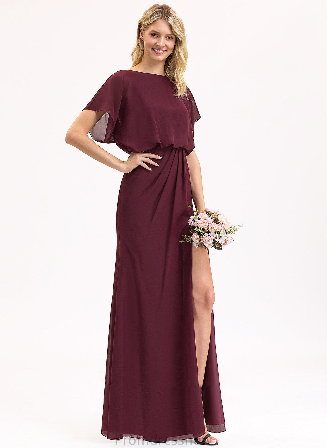 Length SplitFront Sheath/Column Fabric Embellishment Floor-Length Neckline Ruffle ScoopNeck Silhouette Camila Sleeveless Bridesmaid Dresses