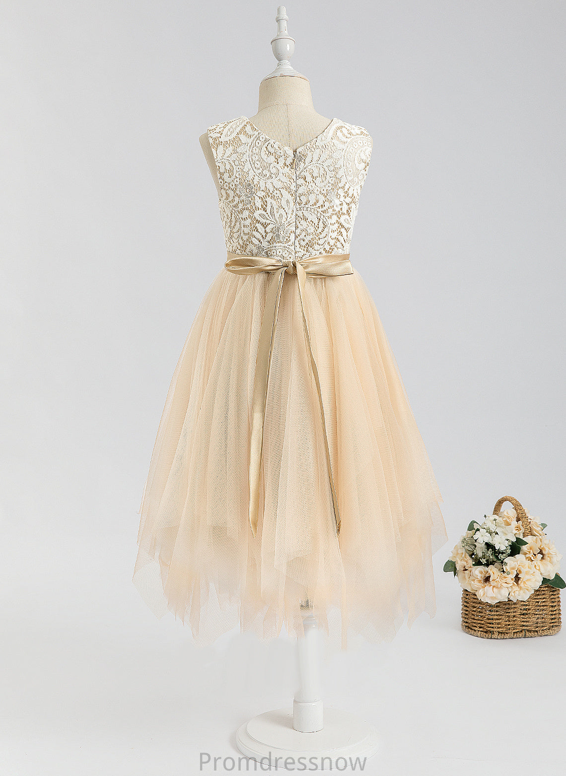 Dress Lace/Bow(s) With Flower Flower Girl Dresses - Neck Scalloped Tulle Sleeveless Girl Mckenna Tea-length A-Line