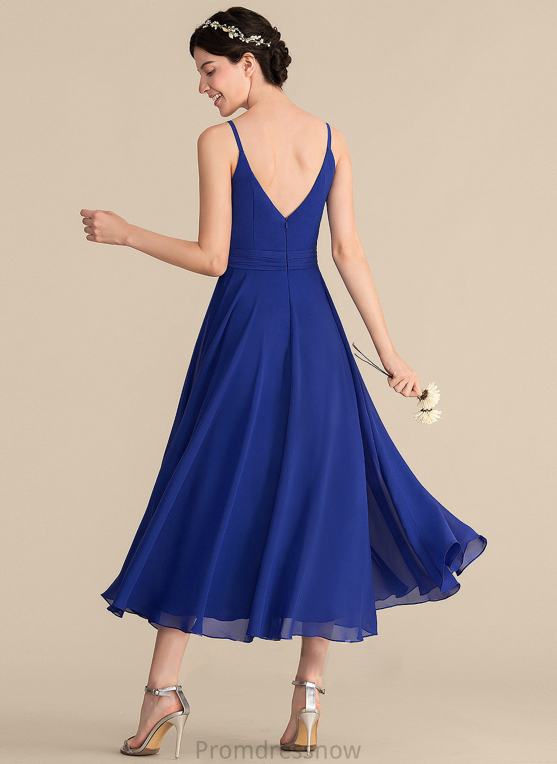 V-neck Bow(s) Ruffle Tea-Length A-Line Length Embellishment Fabric Neckline Silhouette Millicent A-Line/Princess Bridesmaid Dresses