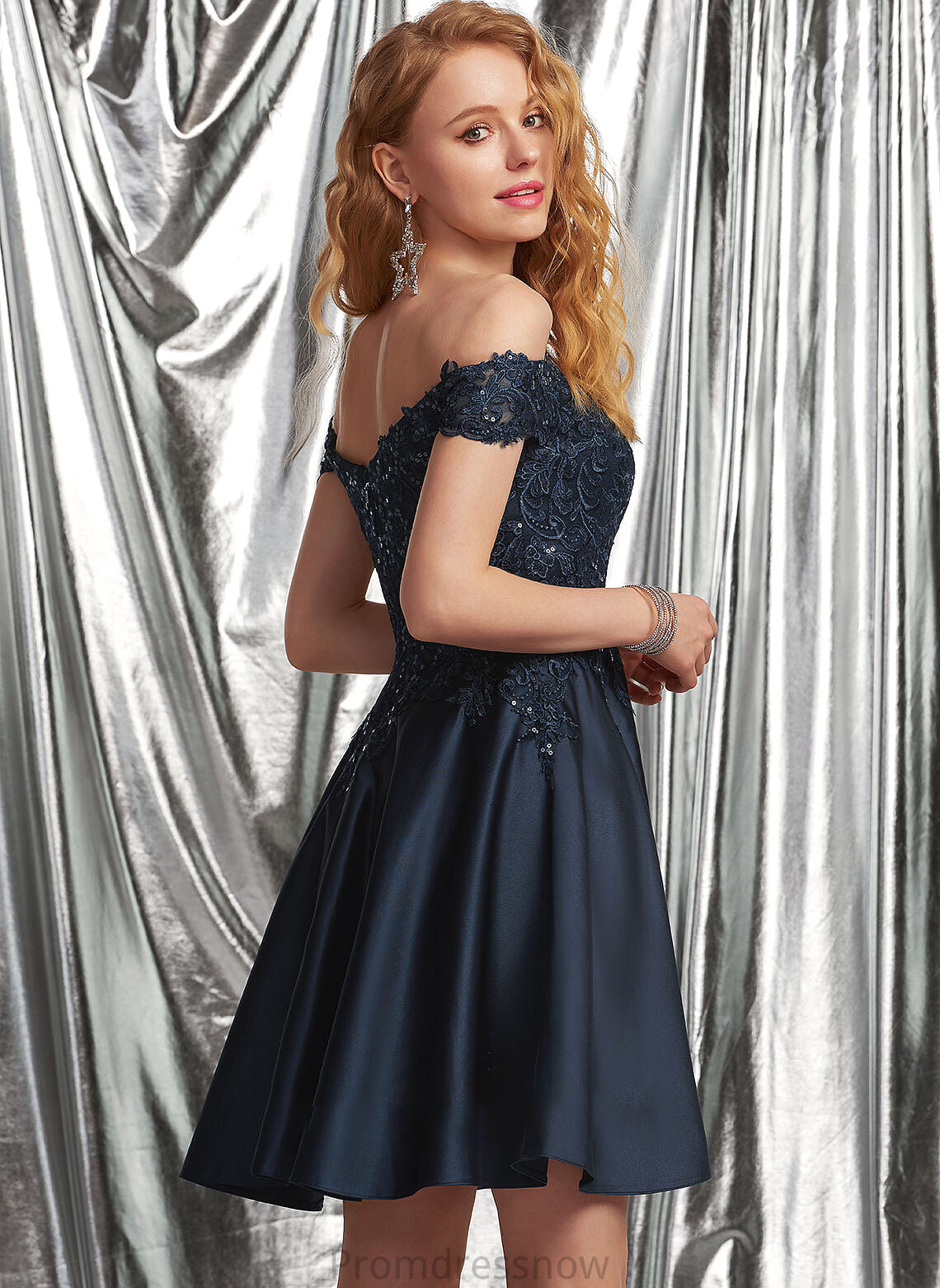 With A-Line Satin Short/Mini Off-the-Shoulder Prom Dresses Sequins Lace Hedda