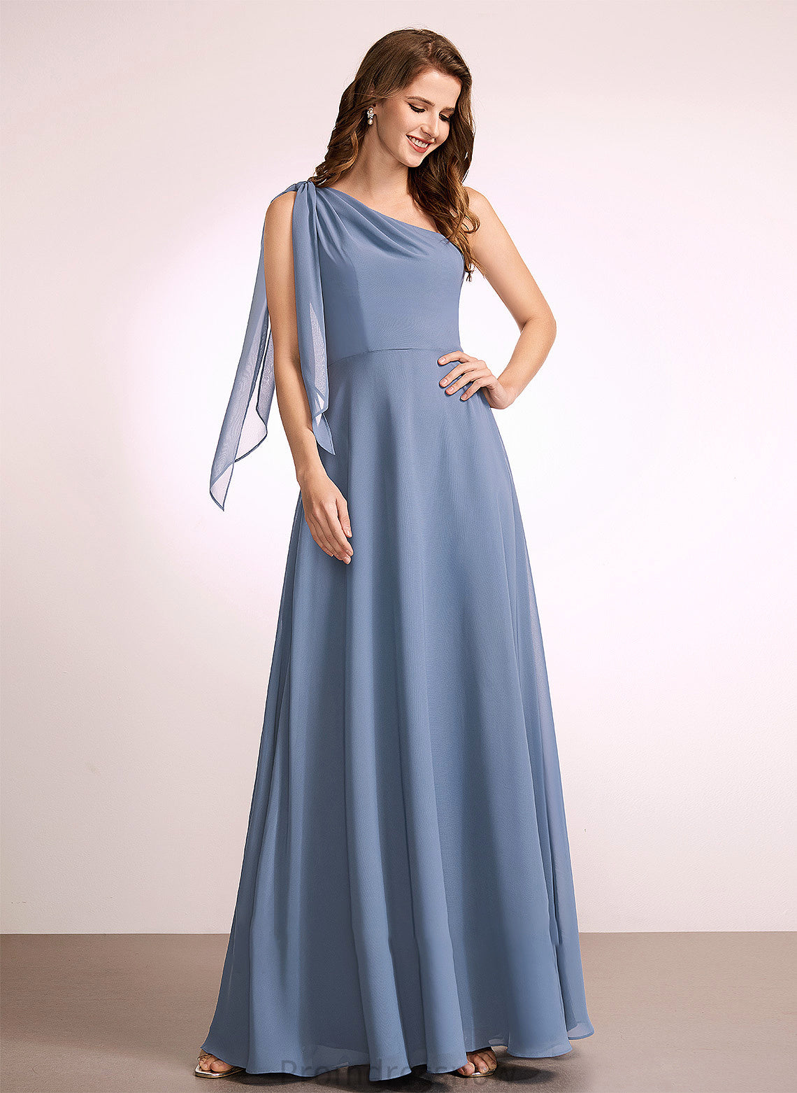 Bow(s) Fabric Neckline Silhouette One-Shoulder Floor-Length Length A-Line Embellishment Sabrina A-Line/Princess Sleeveless Bridesmaid Dresses