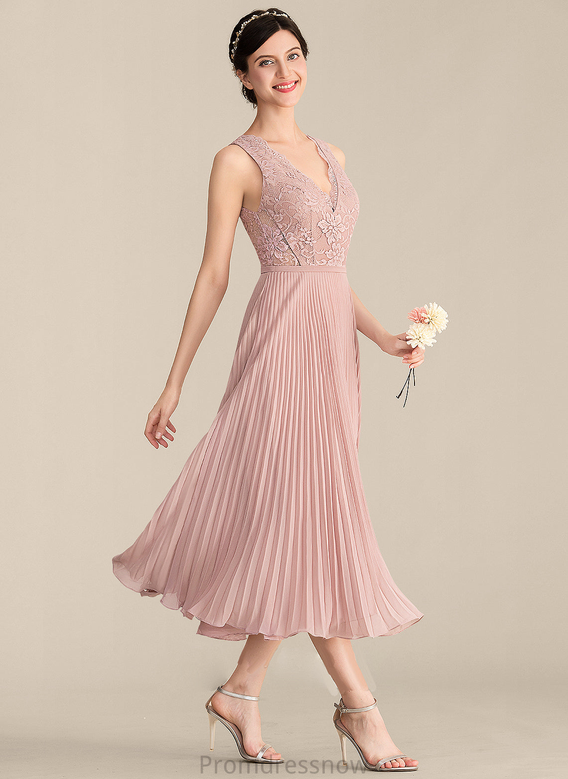 A-Line Length Embellishment V-neck Fabric Pleated Silhouette Neckline Tea-Length Ellen A-Line/Princess Natural Waist Bridesmaid Dresses