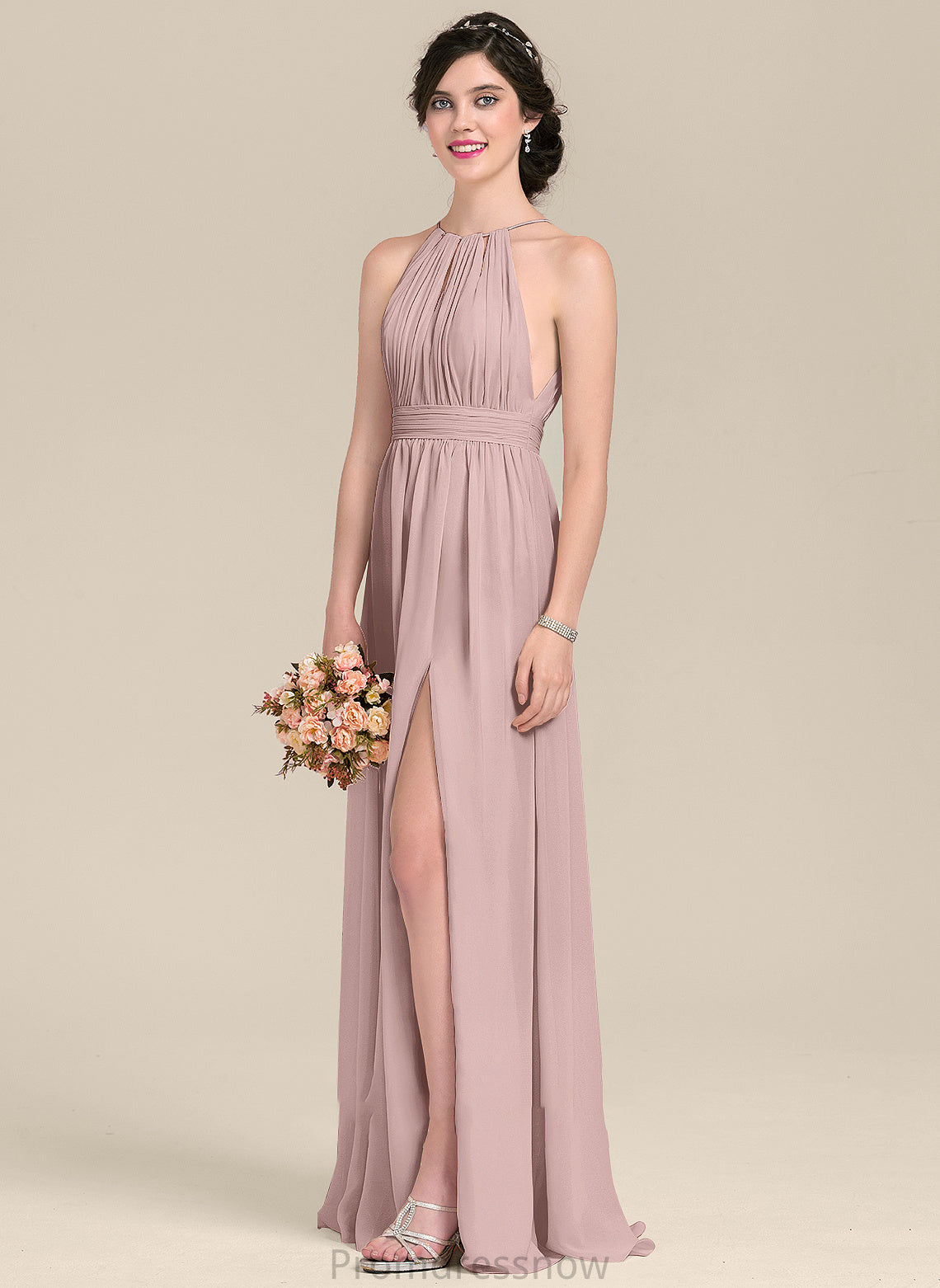 A-Line SplitFront Ruffle Length Silhouette Floor-Length Embellishment Fabric Bow(s) Neckline ScoopNeck Kamila Bridesmaid Dresses