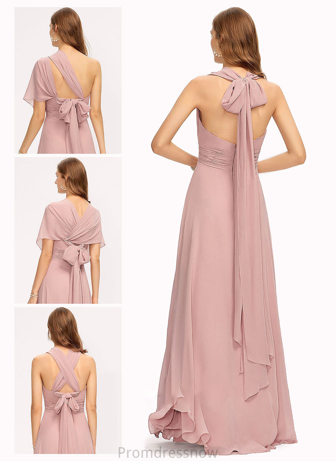 One-Shoulder Embellishment V-neck A-Line Fabric Floor-Length Halter Length Ruffle Silhouette Neckline Ada Bridesmaid Dresses