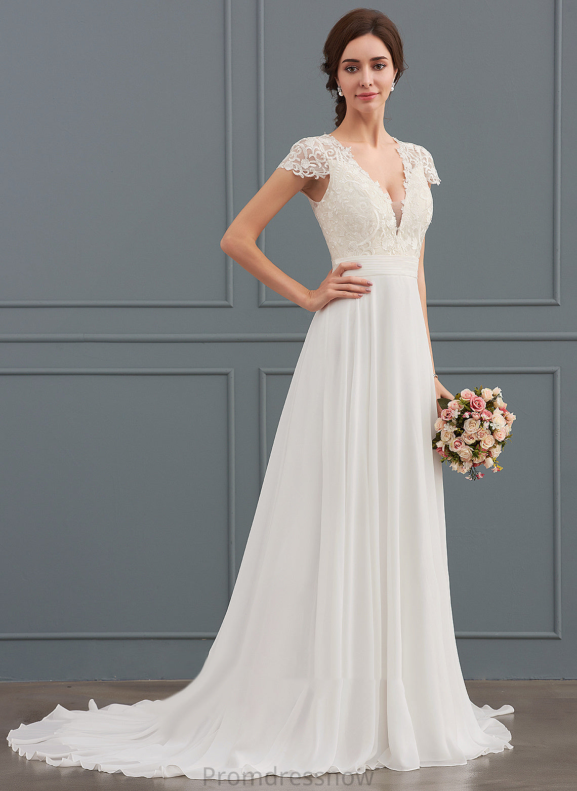 With A-Line Train Sweep Wedding Lace V-neck Aniyah Ruffle Dress Wedding Dresses Chiffon