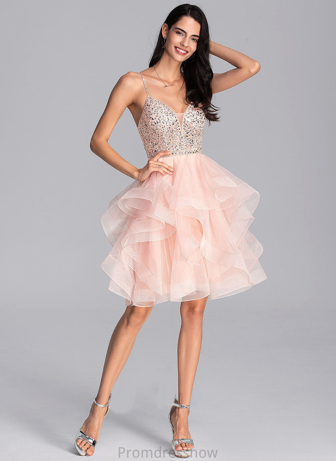 With Beading Tulle Mckenzie Prom Dresses V-neck Ball-Gown/Princess Knee-Length Sequins