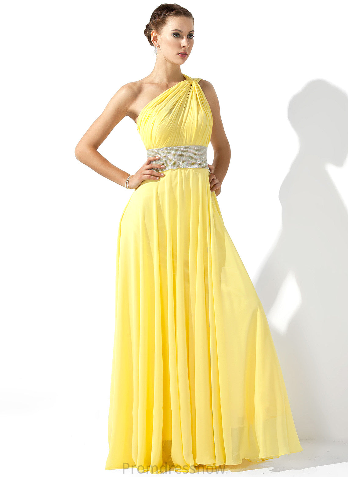 With Beading Prom Dresses One-Shoulder Chiffon Katie Floor-Length Ruffle A-Line