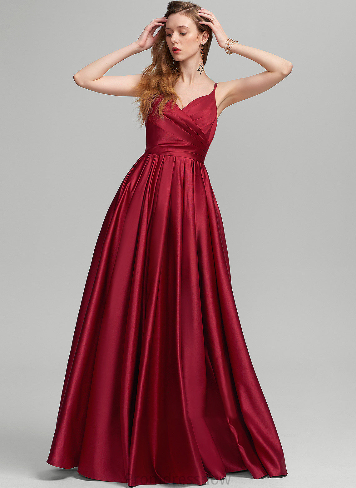 With V-neck Blanche Satin Prom Dresses A-Line Pockets Floor-Length Ruffle