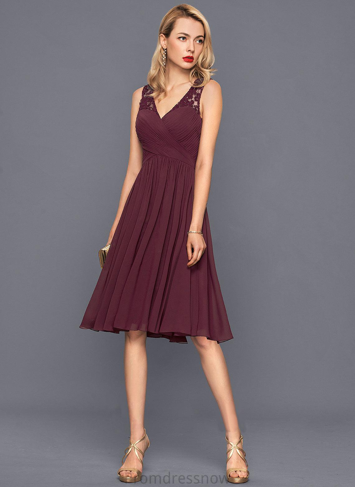 Neckline Embellishment Length Knee-Length V-neck Silhouette Fabric A-Line Ruffle Precious Sleeveless Natural Waist Bridesmaid Dresses