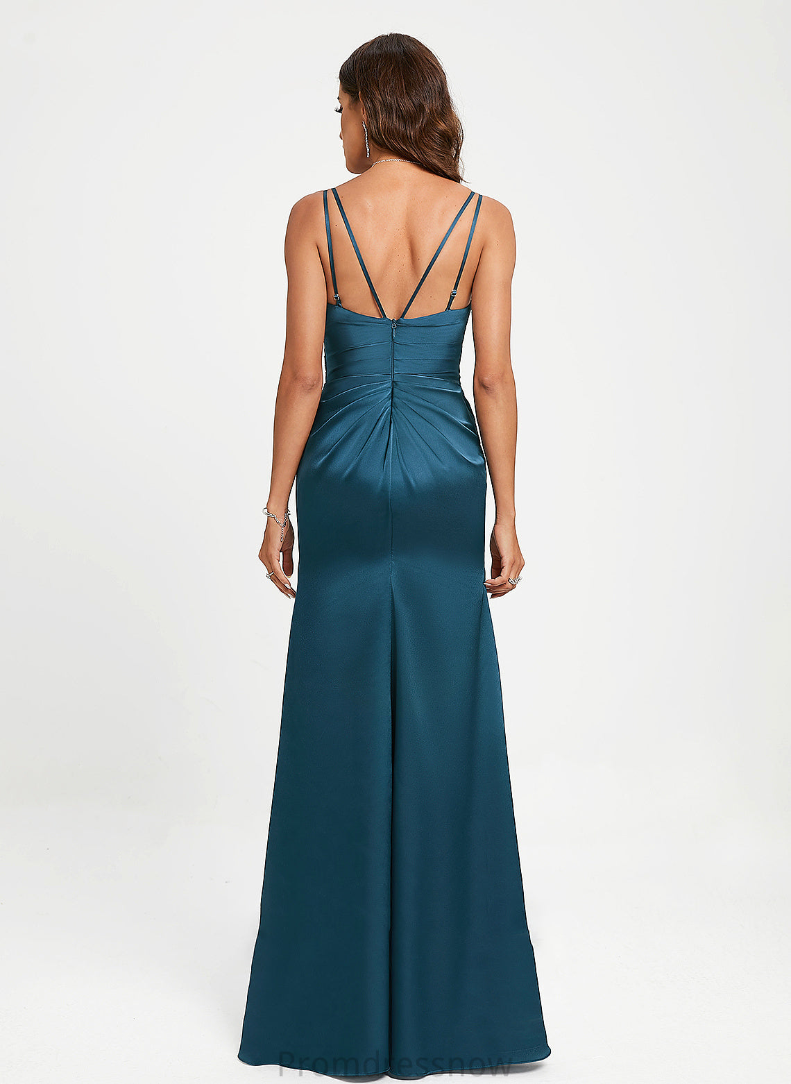 With Sheath/Column Prom Dresses Pleated V-neck Floor-Length Satin Mildred