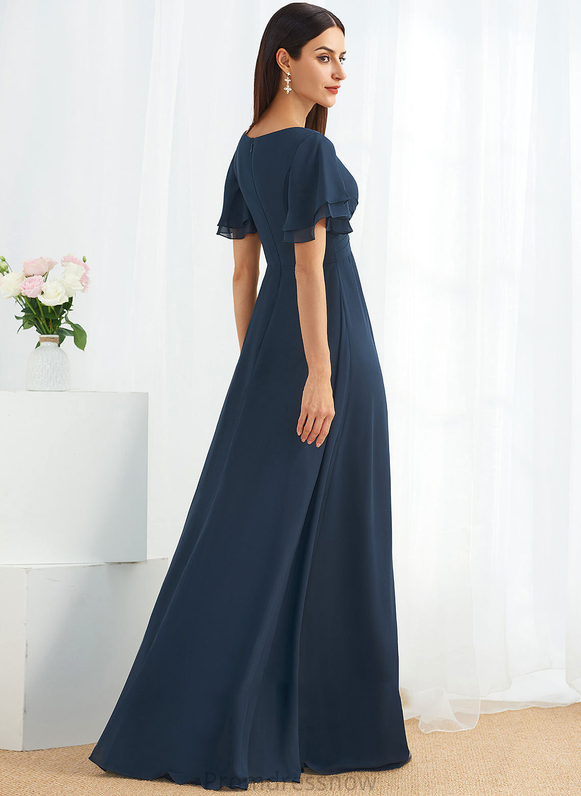 SplitFront A-Line V-neck Fabric Silhouette Neckline Embellishment Length Floor-Length Mikayla A-Line/Princess Knee Length Bridesmaid Dresses