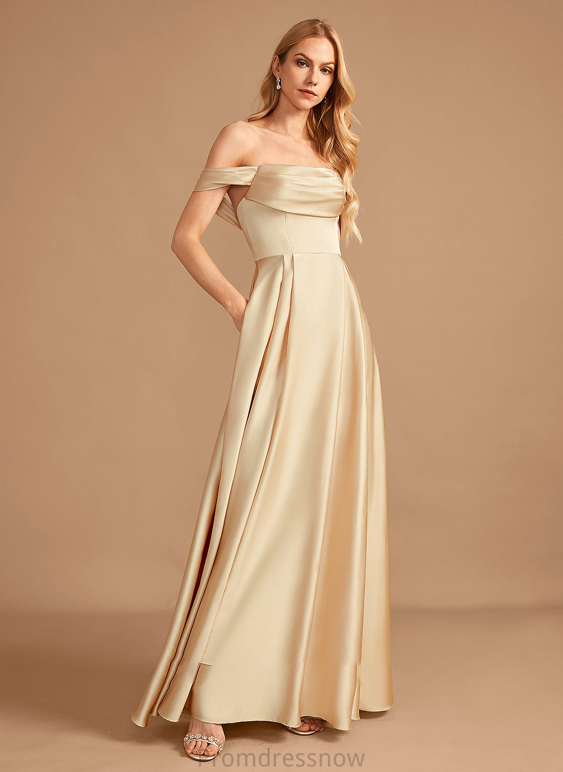 Neckline SplitFront A-Line Floor-Length Fabric Silhouette Length Pockets Off-the-Shoulder Embellishment Brianna Sleeveless Bridesmaid Dresses