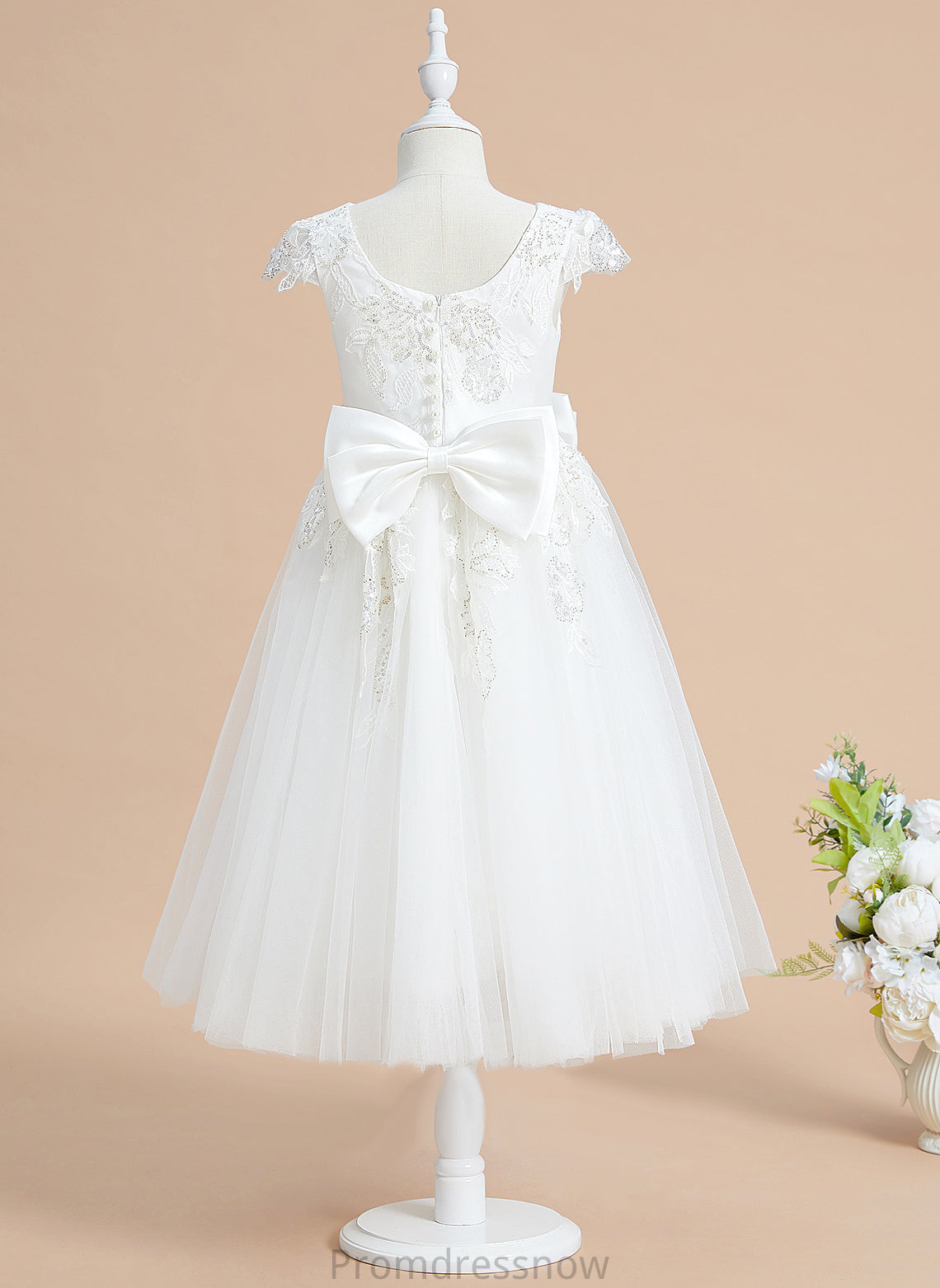 Sequins/Bow(s) Neck - Tulle/Lace Tea-length Girl Flower Girl Dresses Short A-Line Flower Scoop Dress Leah With Sleeves