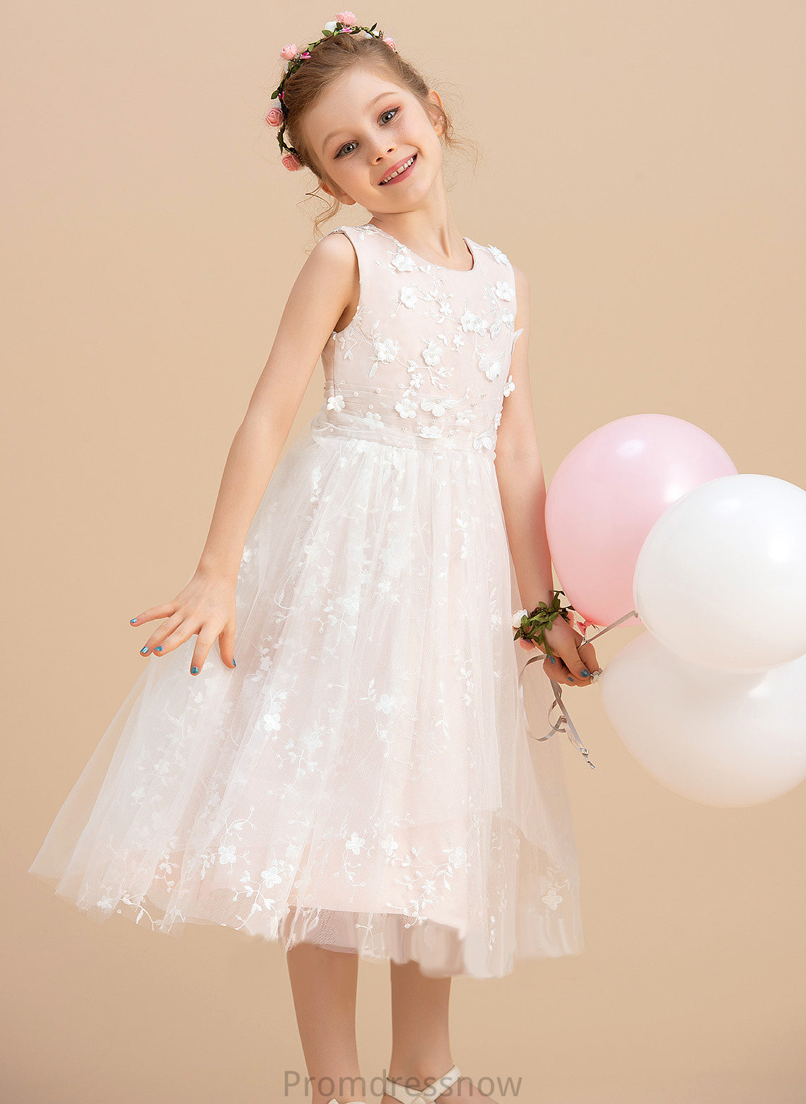 Dress Tea-length Sleeveless With Neck - Flower Girl Dresses Tulle/Lace Flower Chaya Scoop A-Line Beading/Flower(s) Girl