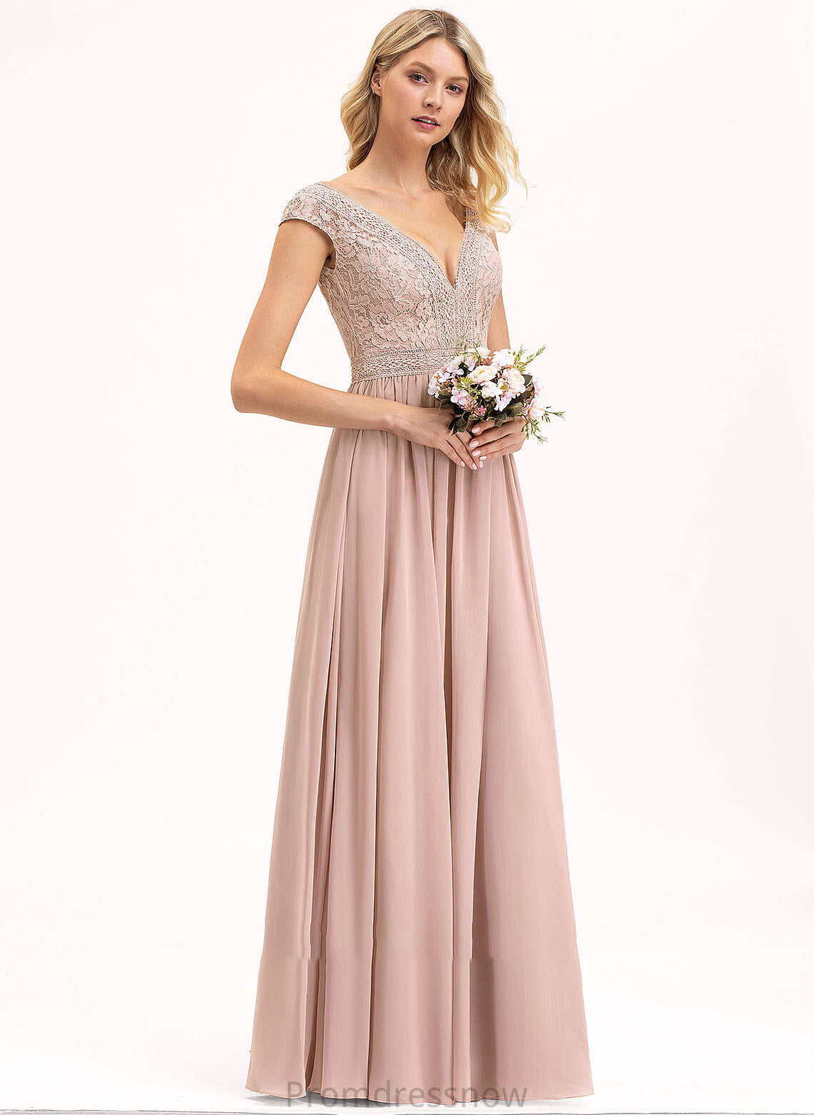 Lace Silhouette Straps Neckline Fabric A-Line Floor-Length Length V-neck Jordan Natural Waist Sleeveless Bridesmaid Dresses