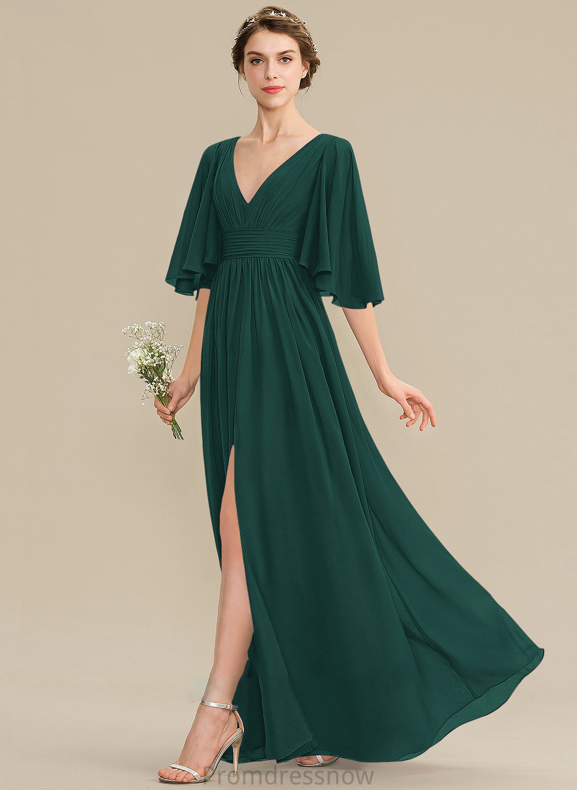 Embellishment A-Line Ruffle Silhouette Length V-neck Floor-Length Neckline Bow(s) SplitFront Fabric Taniya Bridesmaid Dresses