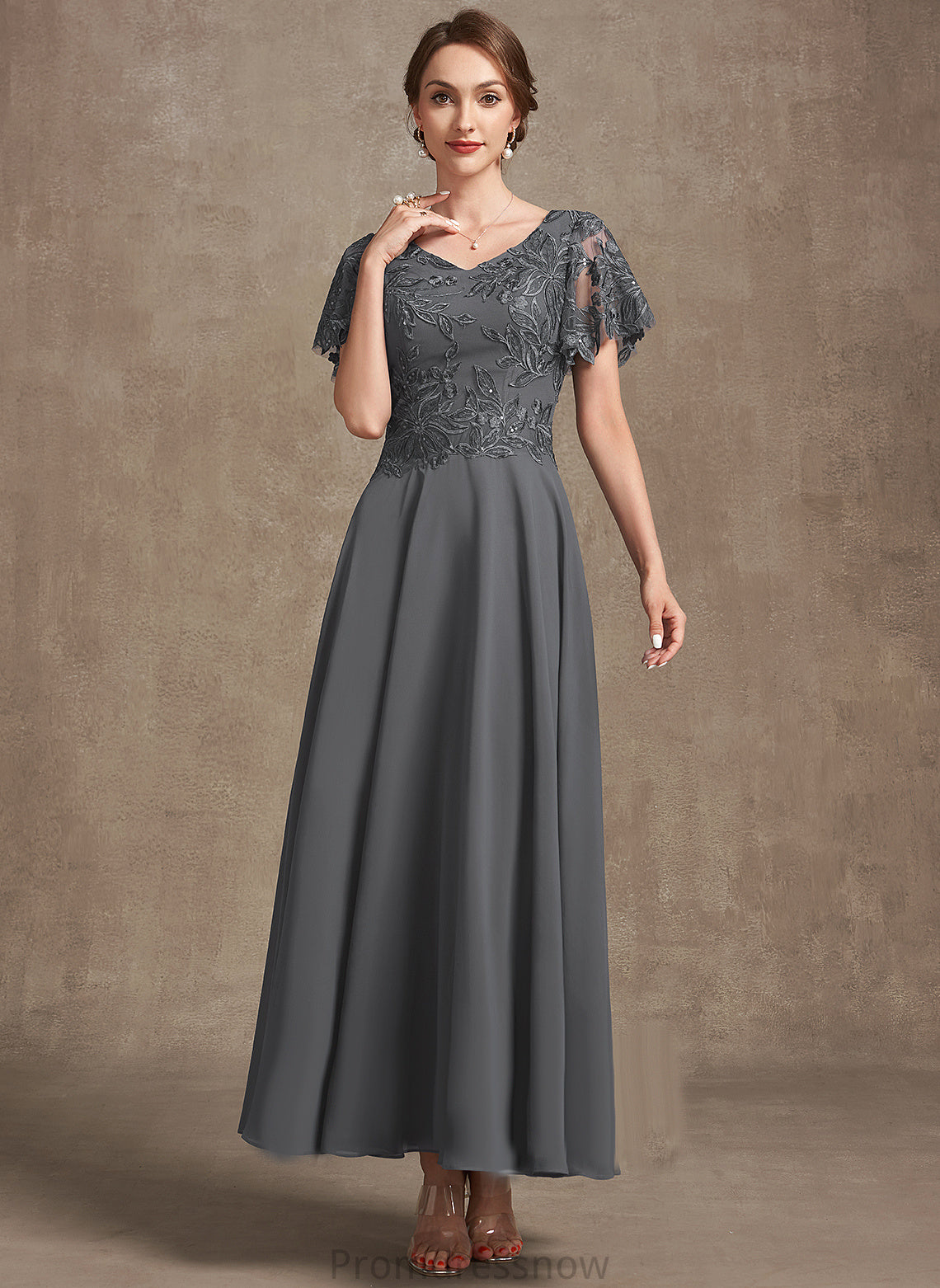 With A-Line the Mother of the Bride Dresses of Chelsea Chiffon Ankle-Length Mother V-neck Lace Bride Dress Sequins