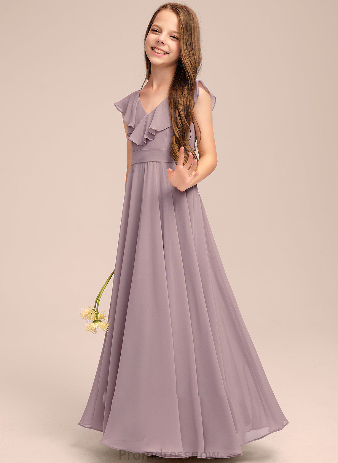 With Chiffon Floor-Length A-Line Ruffles Cascading Junior Bridesmaid Dresses Thalia V-neck