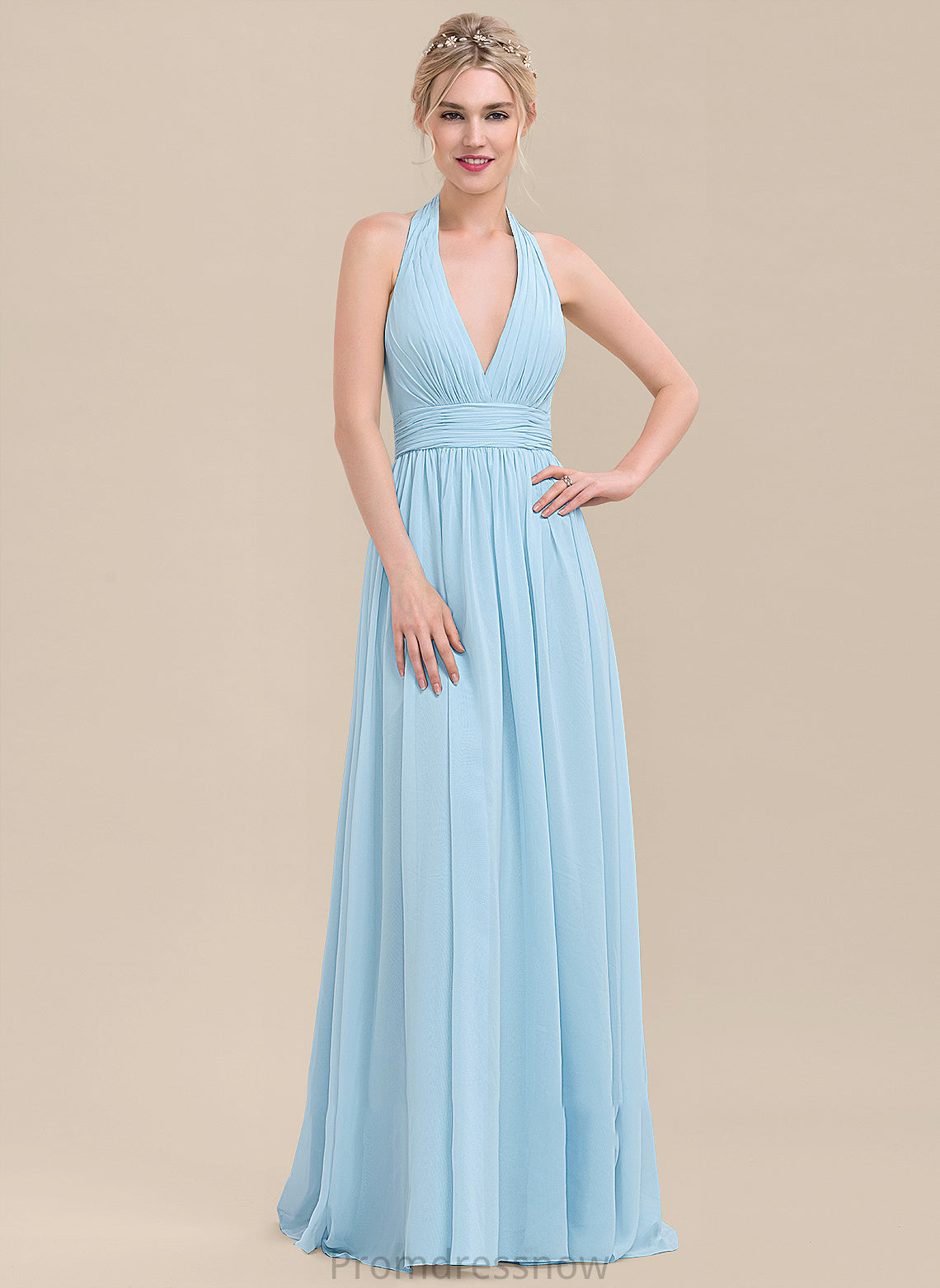 Neckline Embellishment Halter Fabric Length A-Line Floor-Length Ruffle Silhouette Amaris Sleeveless Spaghetti Staps Bridesmaid Dresses