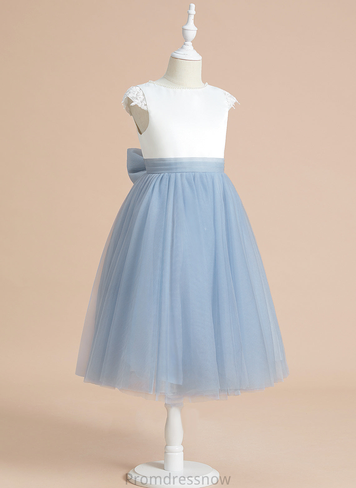 Dress - Flower Lace/Bow(s) Girl With Scoop Neck Tea-length Satin/Tulle Sleeveless A-Line Dayana Flower Girl Dresses