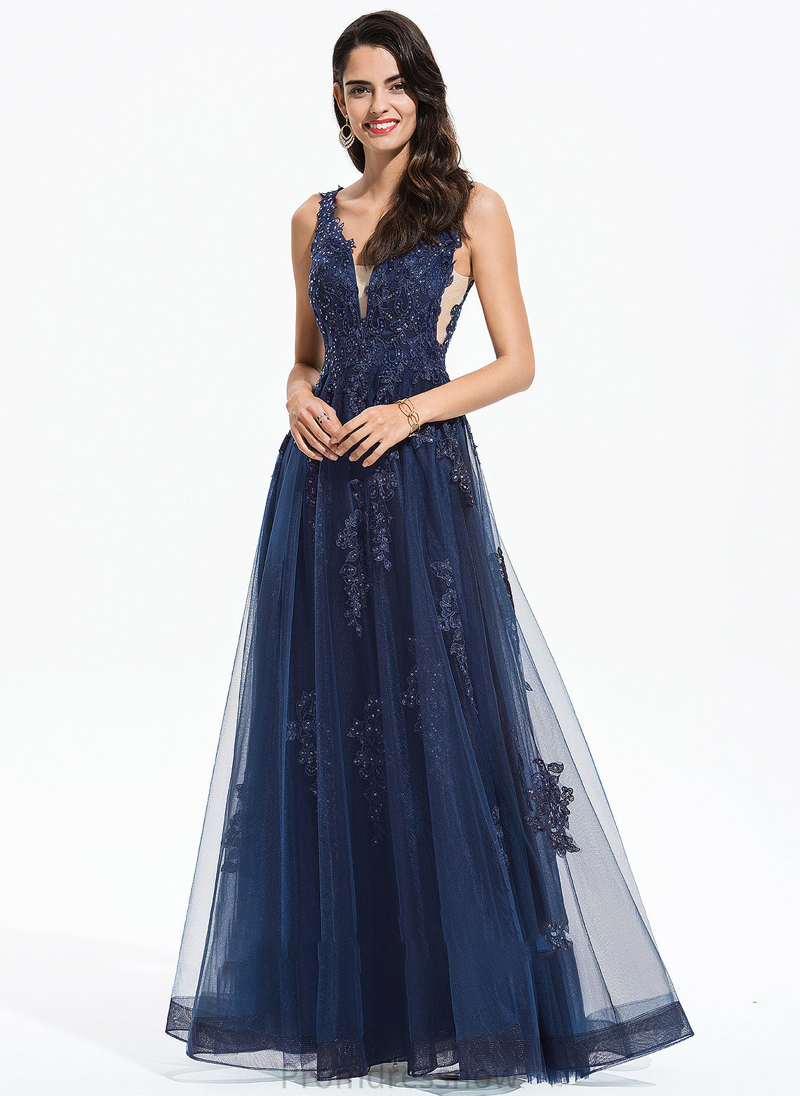 With Sequins A-Line Floor-Length V-neck Logan Lace Prom Dresses Tulle